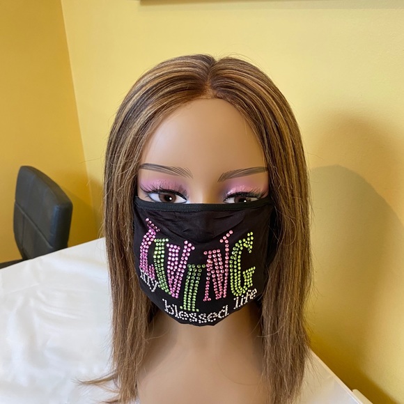 Living My Blessed Life Bling Rhinestone Face Mask Pink and Green - Picture 5 of 8